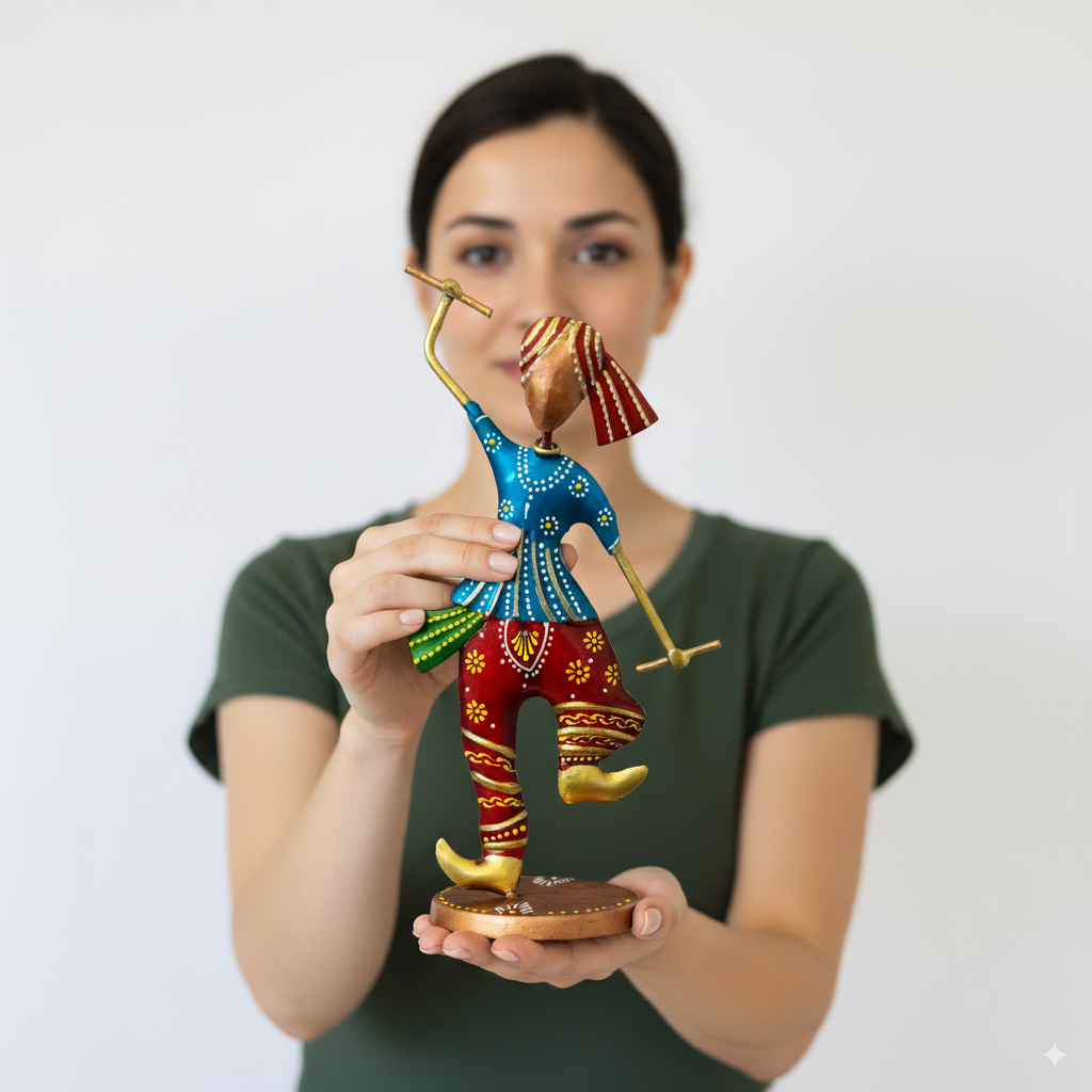 Hand-Painted Dandiya Couple Metal Showpiece