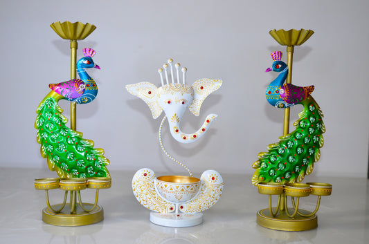 Set of Hand-Painted Tealight Holders – Ganesha with Peacocks