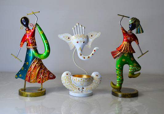 Hand-Painted Festive Trio – Dandiya Couple Showpiece with Ganesha