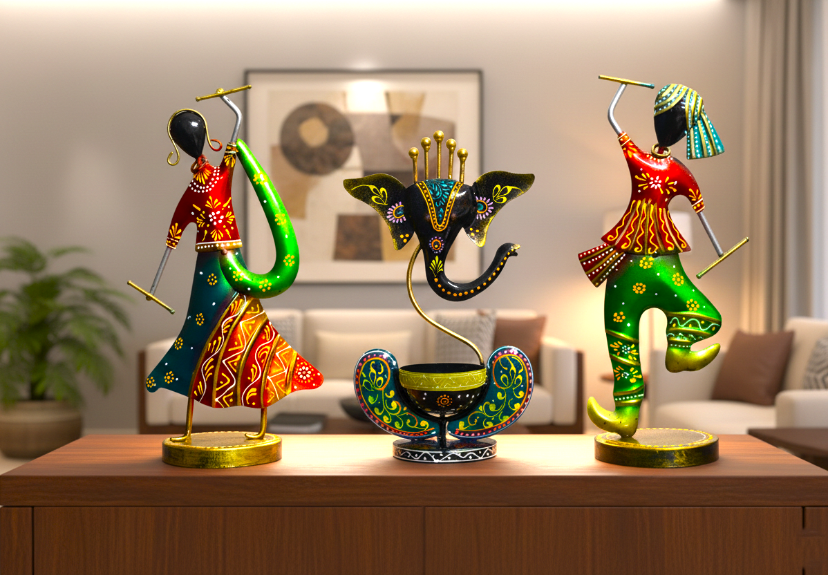Dandiya Couple Showpiece with Divine Ganesha Tealight