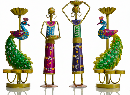 Peacock & Tribal Lady Figurine Set – Hand-Painted Metal Home Décor
