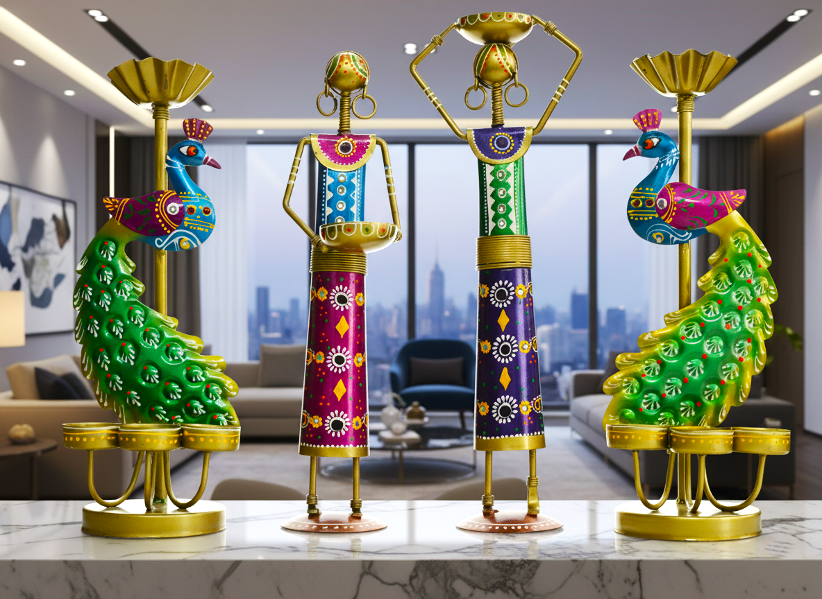 Peacock & Tribal Lady Figurine Set – Hand-Painted Metal Home Décor