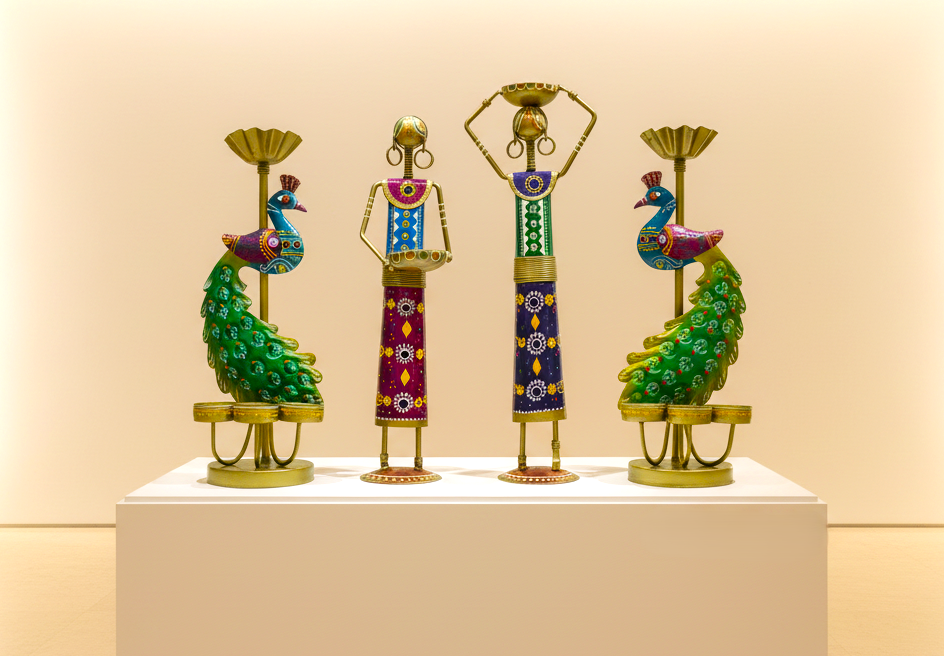 Peacock & Tribal Lady Figurine Set – Hand-Painted Metal Home Décor