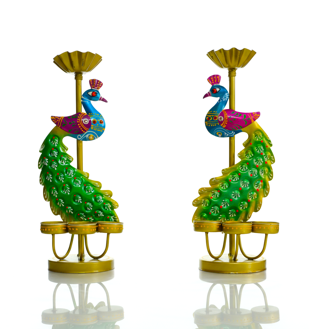 Peacock & Tribal Lady Figurine Set – Hand-Painted Metal Home Décor