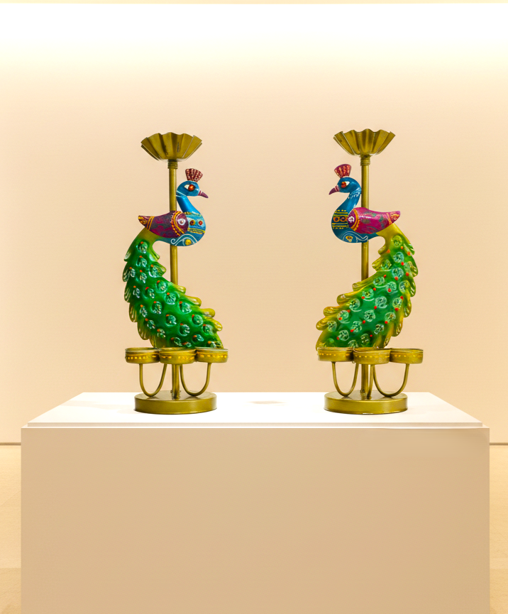 Handmade Krishna & Peacock Pair Tea Light Holder Set