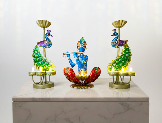 Handmade Krishna & Peacock Pair Tea Light Holder Set