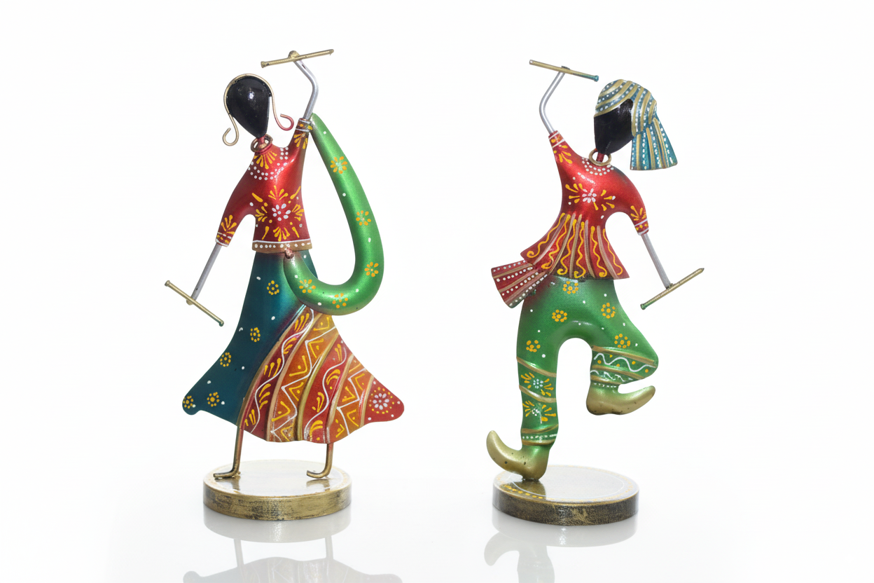 Hand-Painted Festive Trio – Dandiya Couple Showpiece with Ganesha