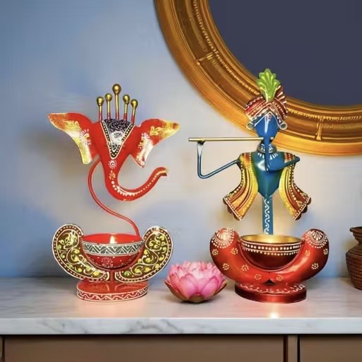 Hand Painted Metal Tea Light Holders – Ganesha & Krishna