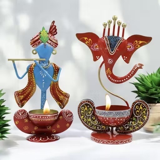 Hand Painted Metal Tea Light Holders – Ganesha & Krishna