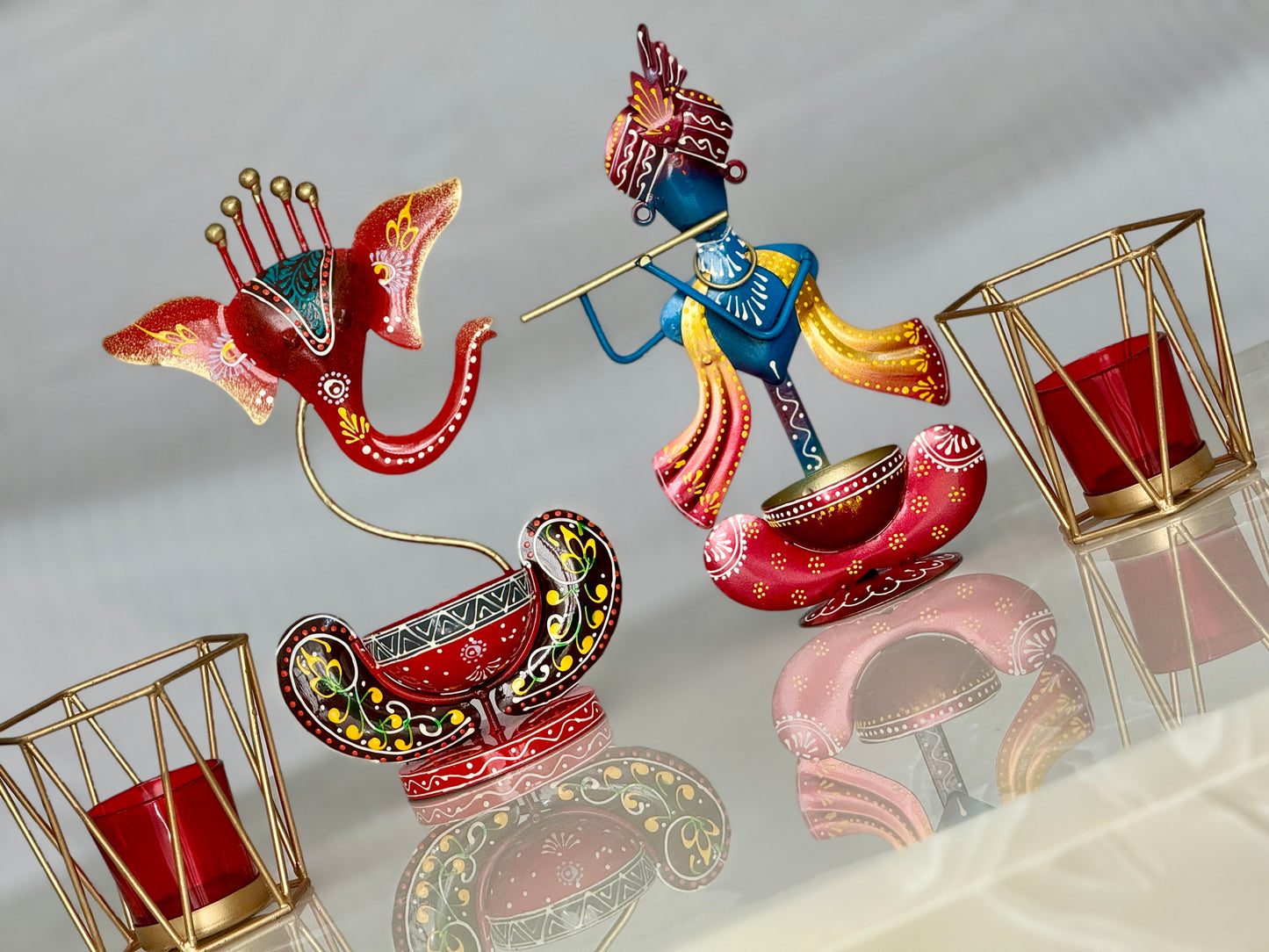 Hand Painted Metal Tea Light Holders – Ganesha & Krishna