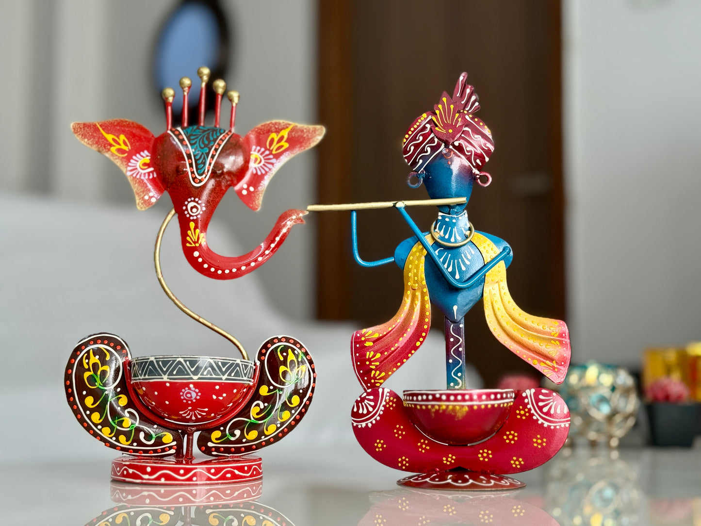 Hand Painted Metal Tea Light Holders – Ganesha & Krishna