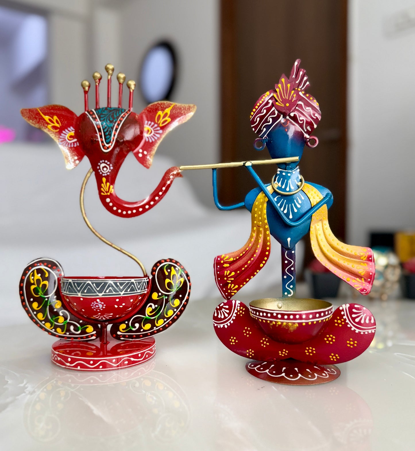 Hand Painted Metal Tea Light Holders – Ganesha & Krishna