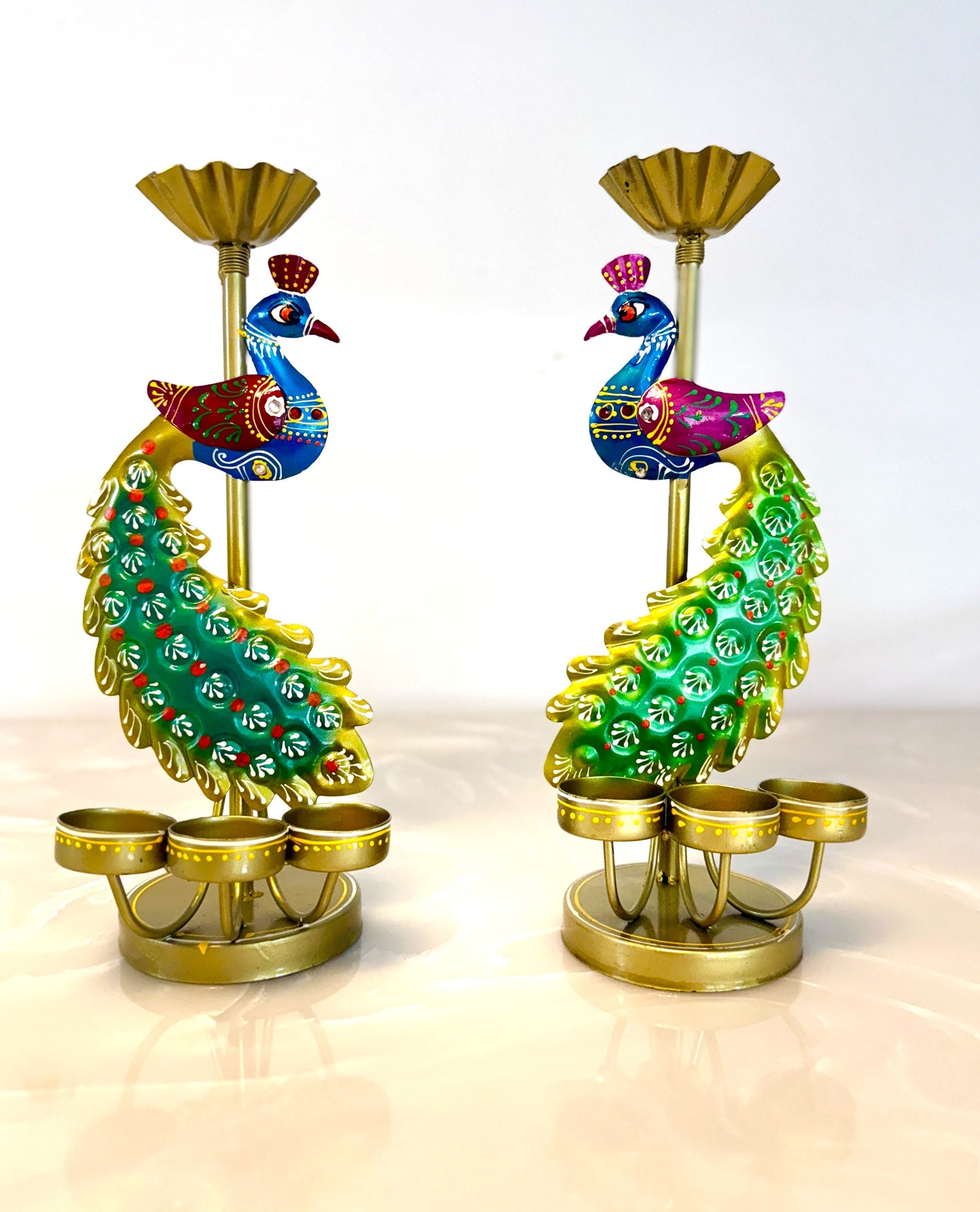 Handmade Krishna & Peacock Pair Tea Light Holder Set