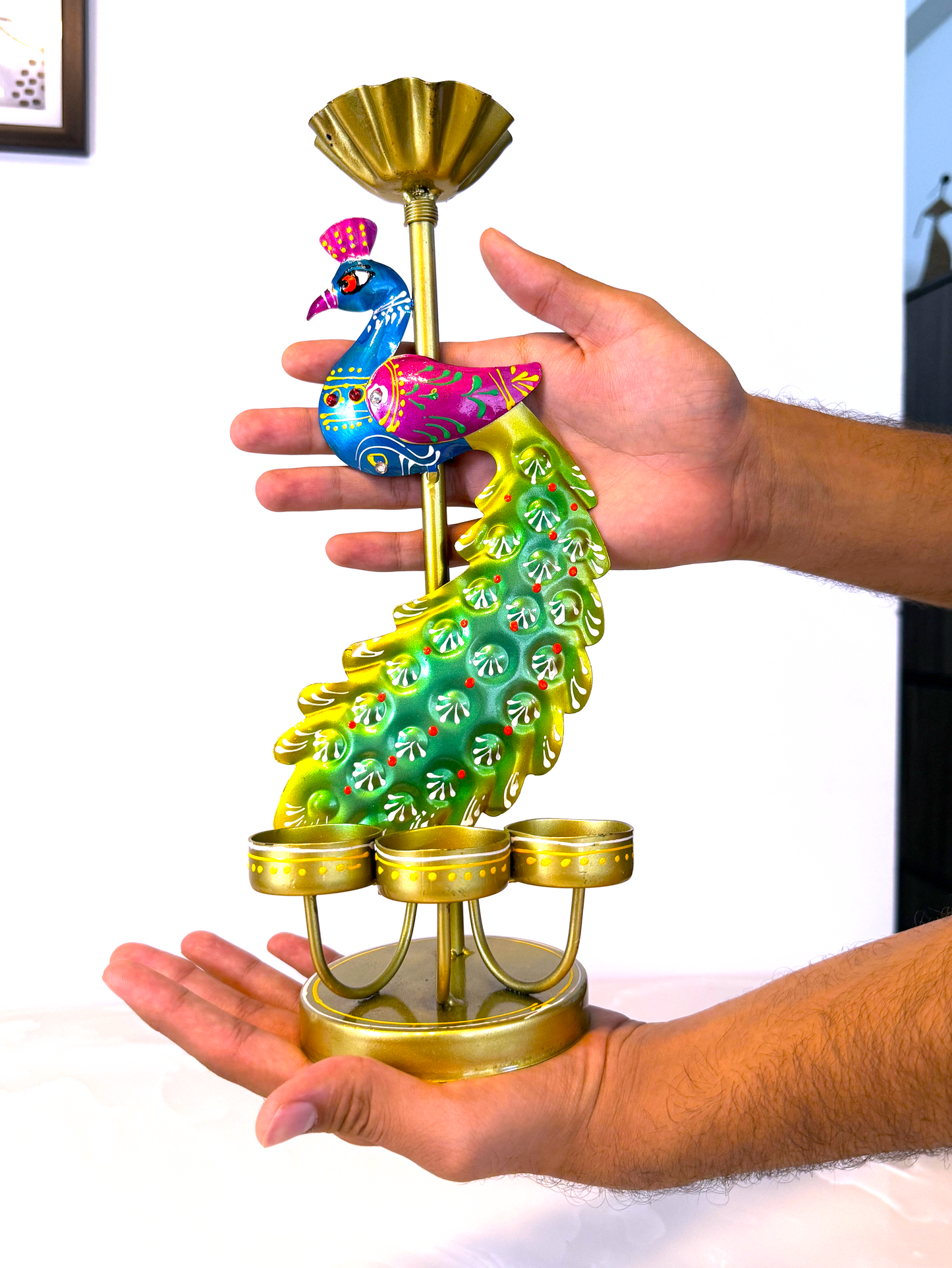 Handmade Krishna & Peacock Pair Tea Light Holder Set