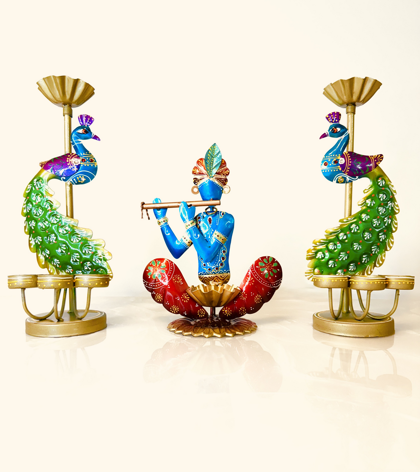 Handmade Krishna & Peacock Pair Tea Light Holder Set