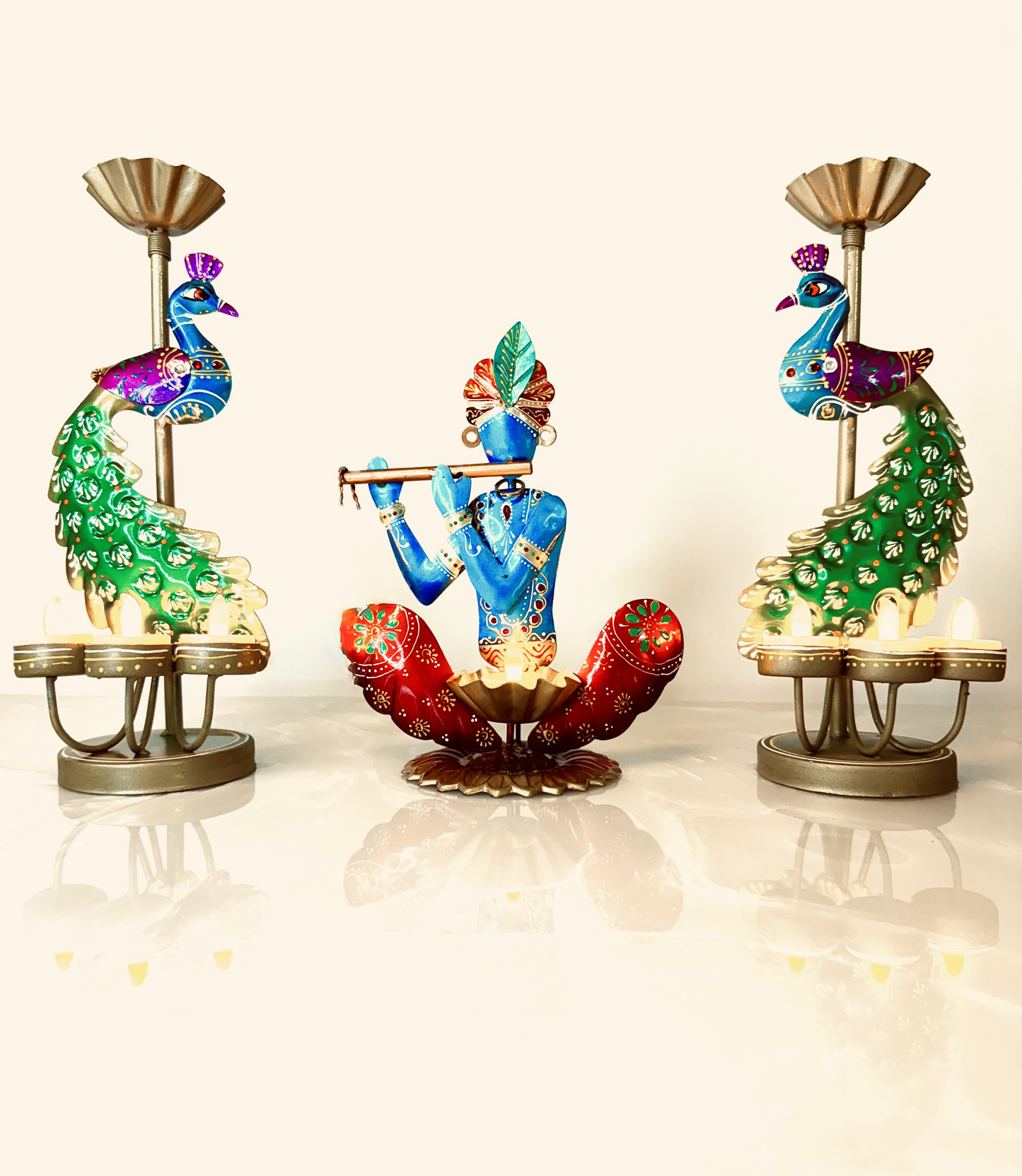 Handmade Krishna & Peacock Pair Tea Light Holder Set