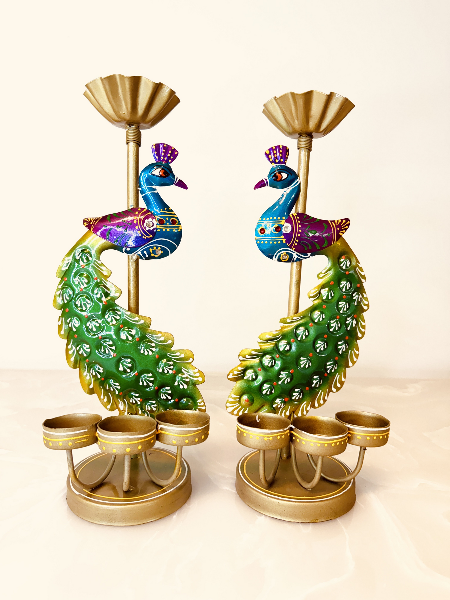 Handmade Krishna & Peacock Pair Tea Light Holder Set