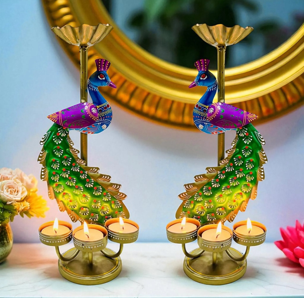 Handmade Krishna & Peacock Pair Tea Light Holder Set