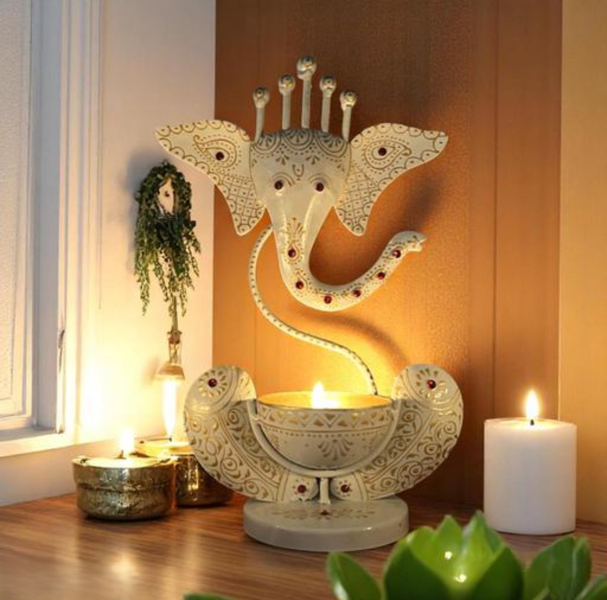 Handcrafted Pearl White Ganesha Tealight Holder