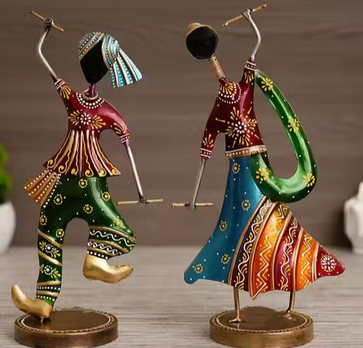 Hand-Painted Dandiya Couple Metal Showpiece