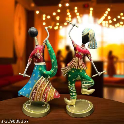 Hand-Painted Festive Trio – Dandiya Couple Showpiece with Ganesha