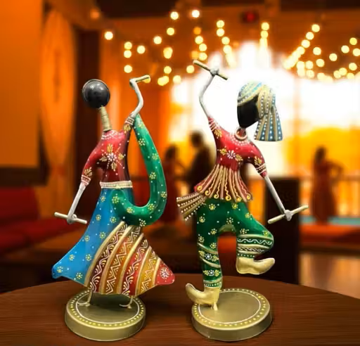 Hand-Painted Dandiya Couple Metal Showpiece